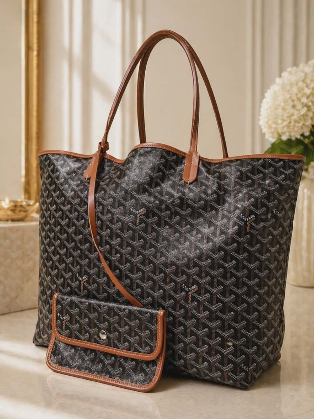 Authentic Goyard St Louis GM Tote Black Tan Chevron Canvas Large Designer Bag